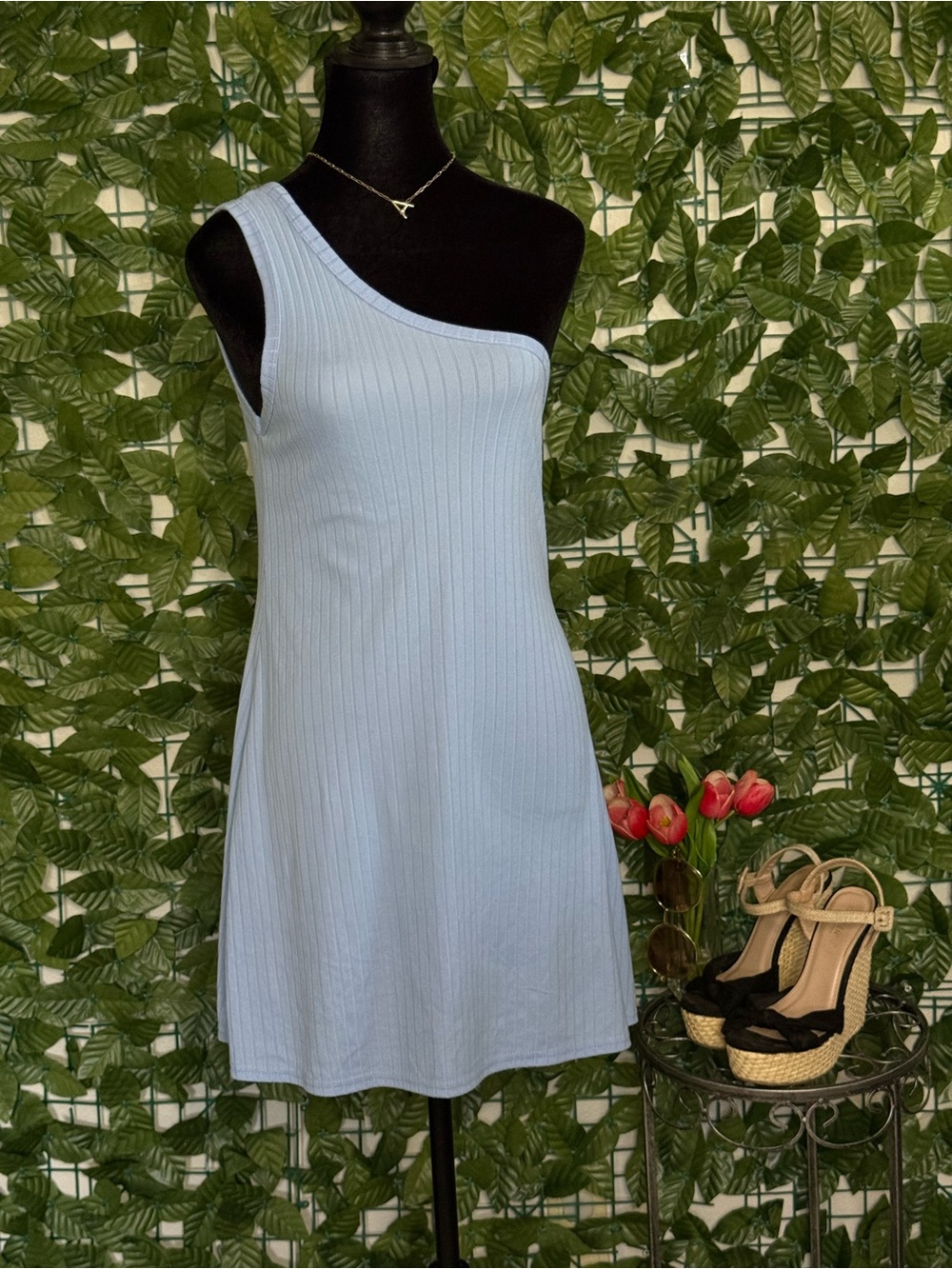 Light Blue One-Shoulder Ribbed Dress
